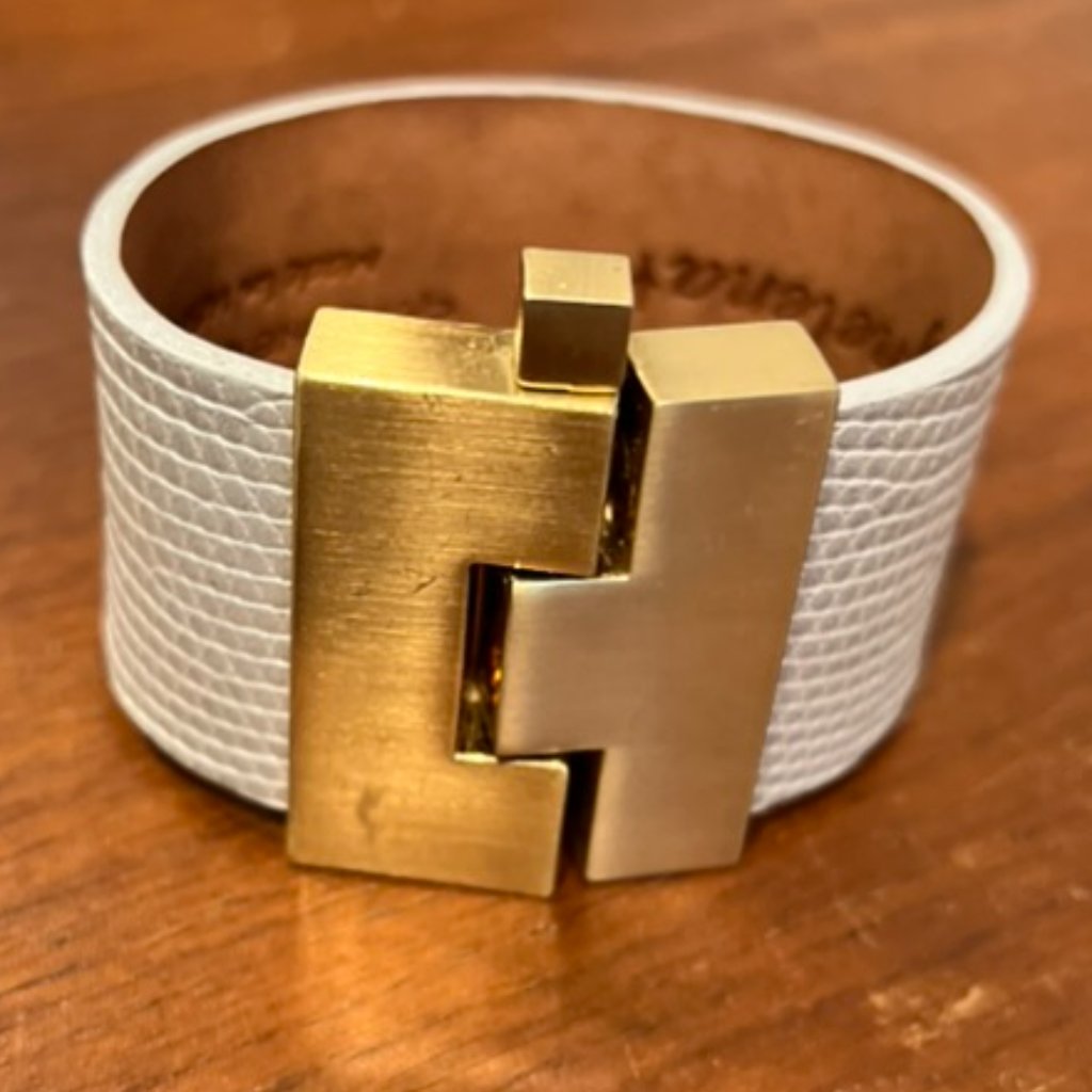 Leighelena “Jigsaw” Gray Lizard Embossed Leather Cuff Gold Hardware